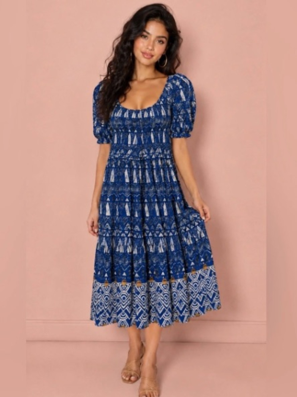 Blue Printed Puff-Sleeve Midi Dress with Tiered Skirt